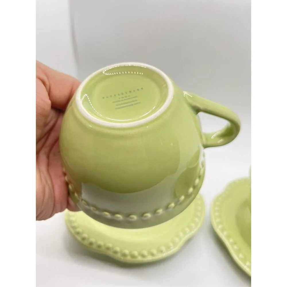 SET OF 2 POTTERY BARN EMMA GREEN BEADED CUP & SAUCER SETS PORTUGAL